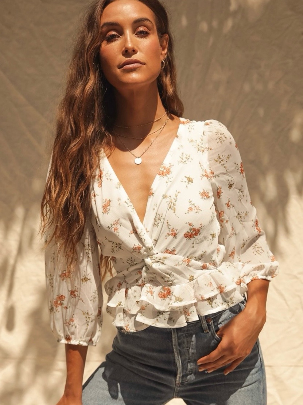 Lulu's Cream Floral Wrap Peplum Blouse with Orange-Tan Blossoms